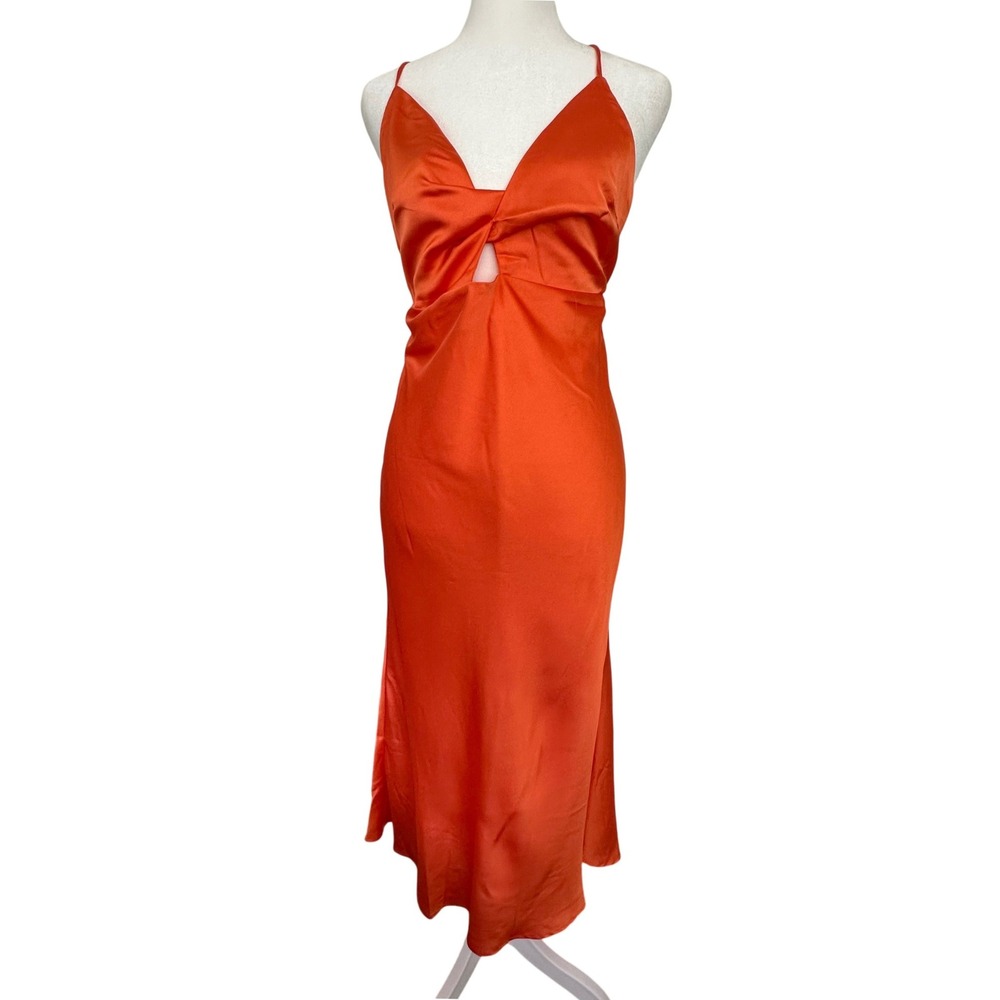 Sage + Paige Satin Cutout Midi Dress XL Orange Tie Back Elegant Chic Cocktail